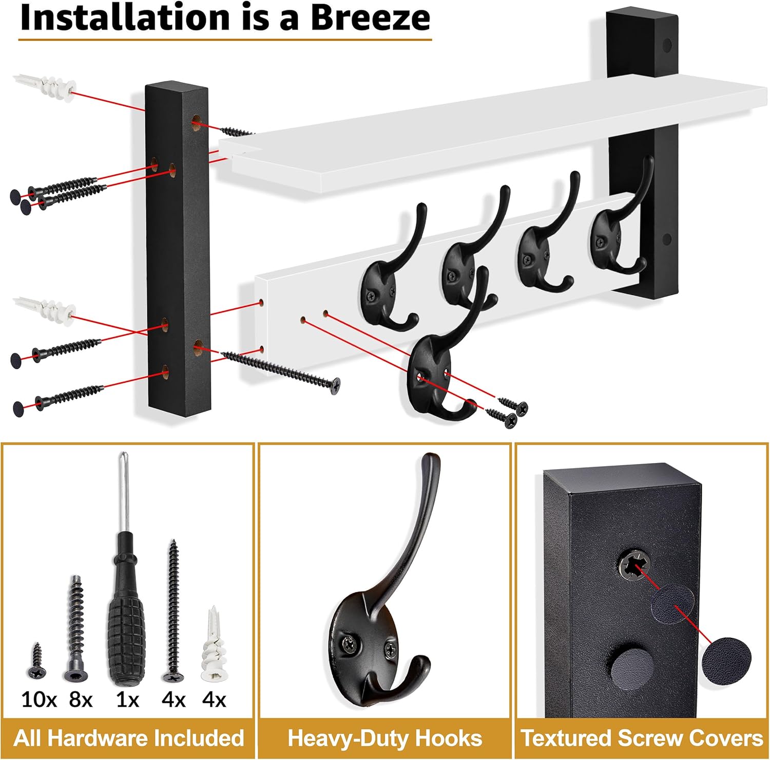 Sorbus Coat Hooks Wall Mount with Shelf – 16 Inch Coat Rack Wall Mount with 5 Heavy Duty Hooks – Floating Wall Shelf with Hooks for Entryway, Bathroom, Bedroom, Kitchen, or Mudroom (White)