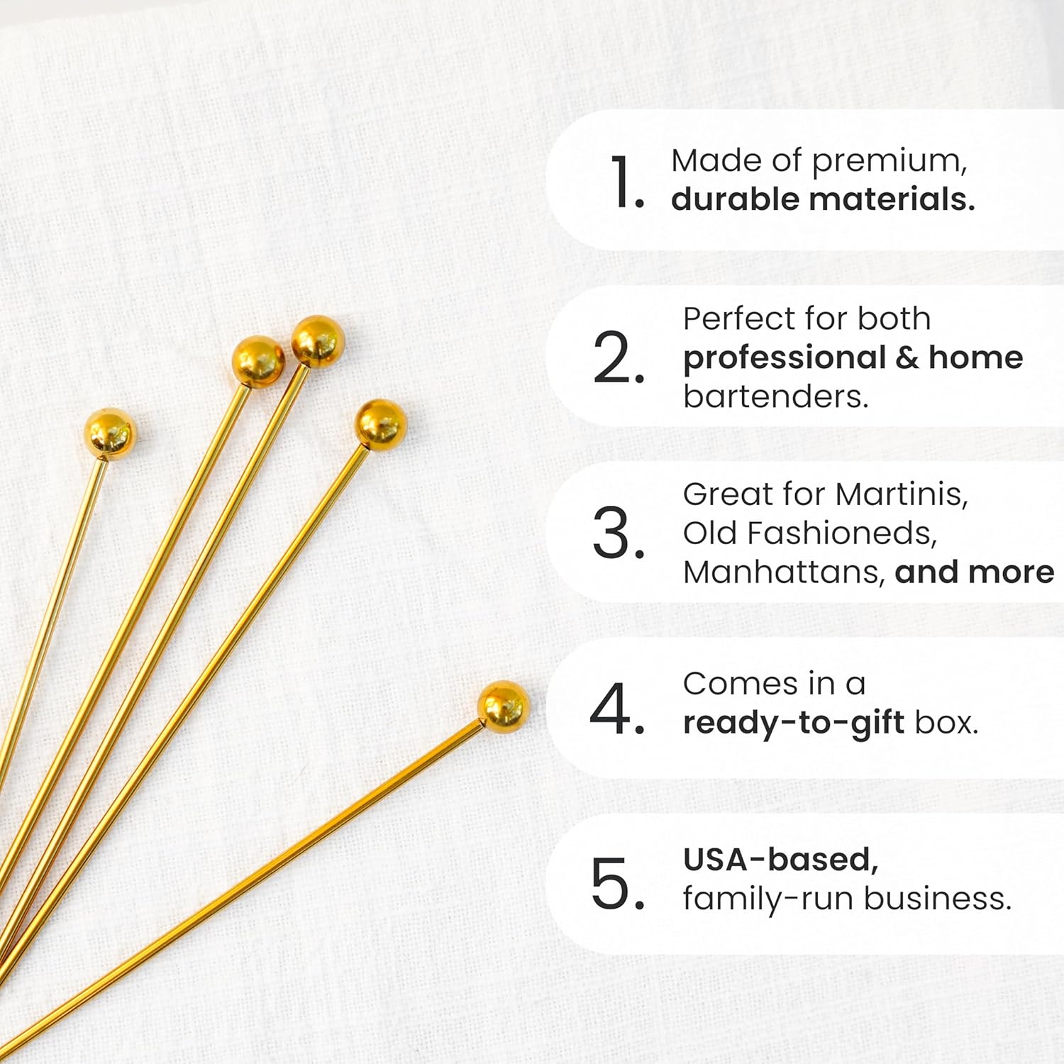 A Bar Above Gold Cocktail Picks, 12 Elegant Metal Skewers for Drink Garnishes, Appetizers, and Shrimp Cocktail, 8-Inch Reusable Stir Sticks for Bloody Marys, Old Fashioneds, and Charcuterie