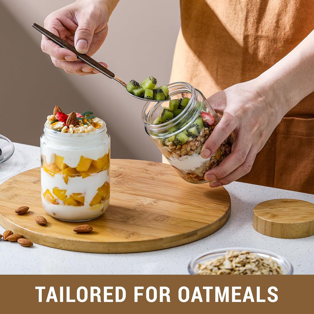 NETANY 6-pack 16oz Glass jars with Airtight Lids, Overnight Oats Containers with Bamboo Lids, Wide mouth Mason Salad jars, Glass Food Storage Containers for Snacks Yogurt Spice Sugar