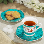 fanquare 2.5 Ounce Vintage Espresso Cups Set of 6, 12 Pieces Ceramic Demitasse Cup and Saucers, Green and Flower Pattern Espresso Mugs for Coffee Bar Home