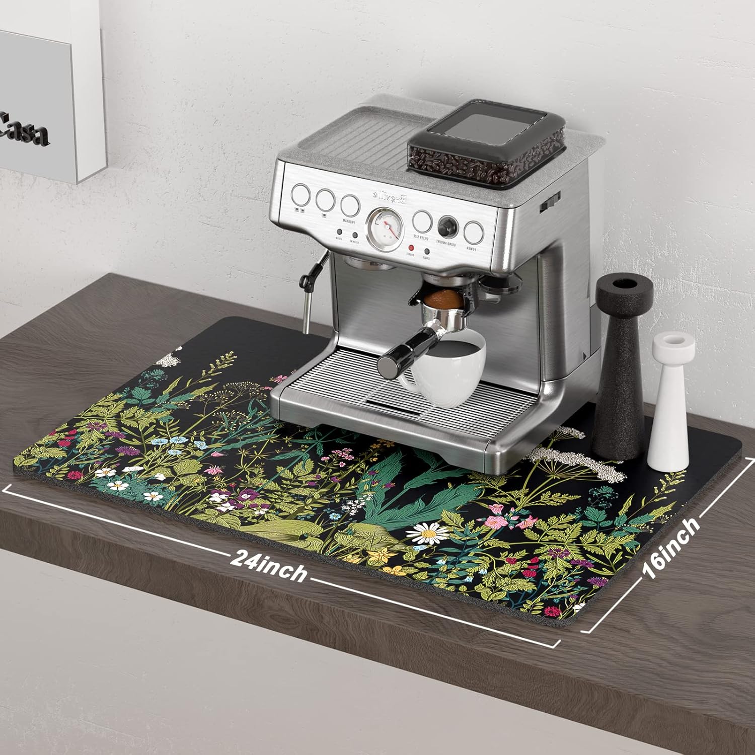 Rnivvi Coffee Mat, 16" x 24" Cute Flower Theme Coffee Bar Mats for Espresso Machine Station Accessories and Organizer, Hide Stain Rubber Backed Absorbent Dish Drying Pad for Kitchen Counter, Black