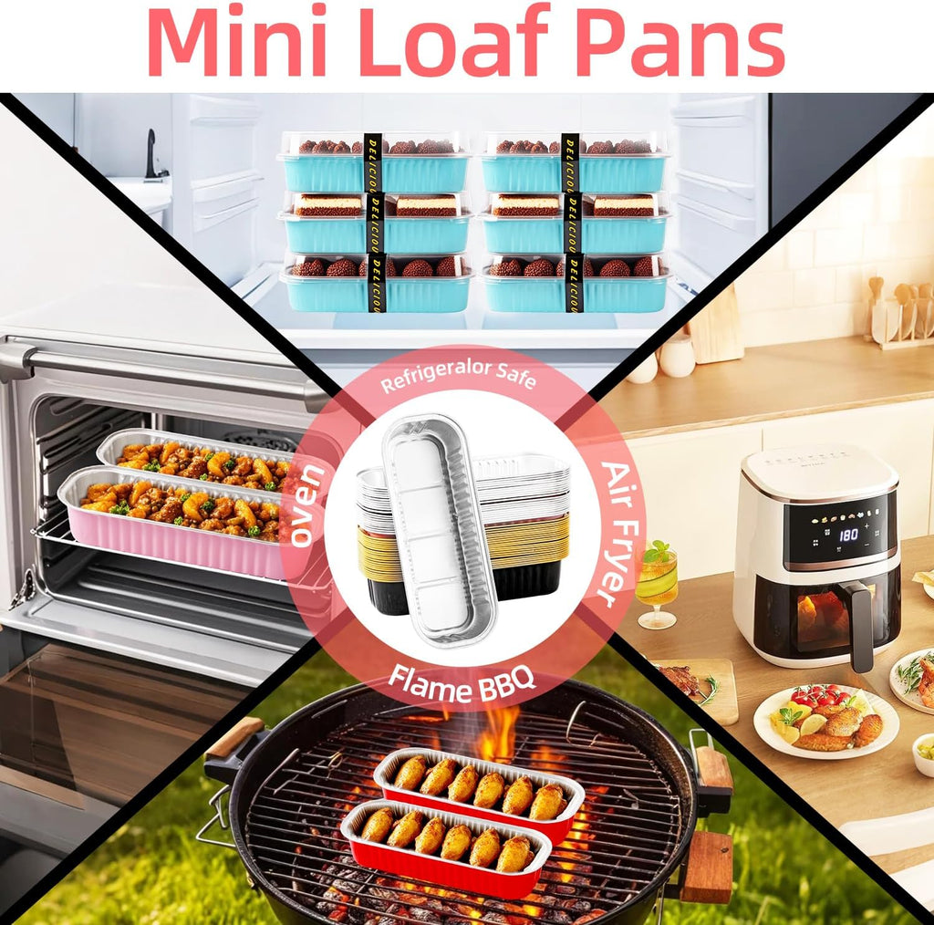 Mini Loaf Pans with Lids and Spoons Sealing Sticker,120 Pcs 6.8oz Cake Pans for Baking Disposable Aluminum Foil Red cake pan (mixed)