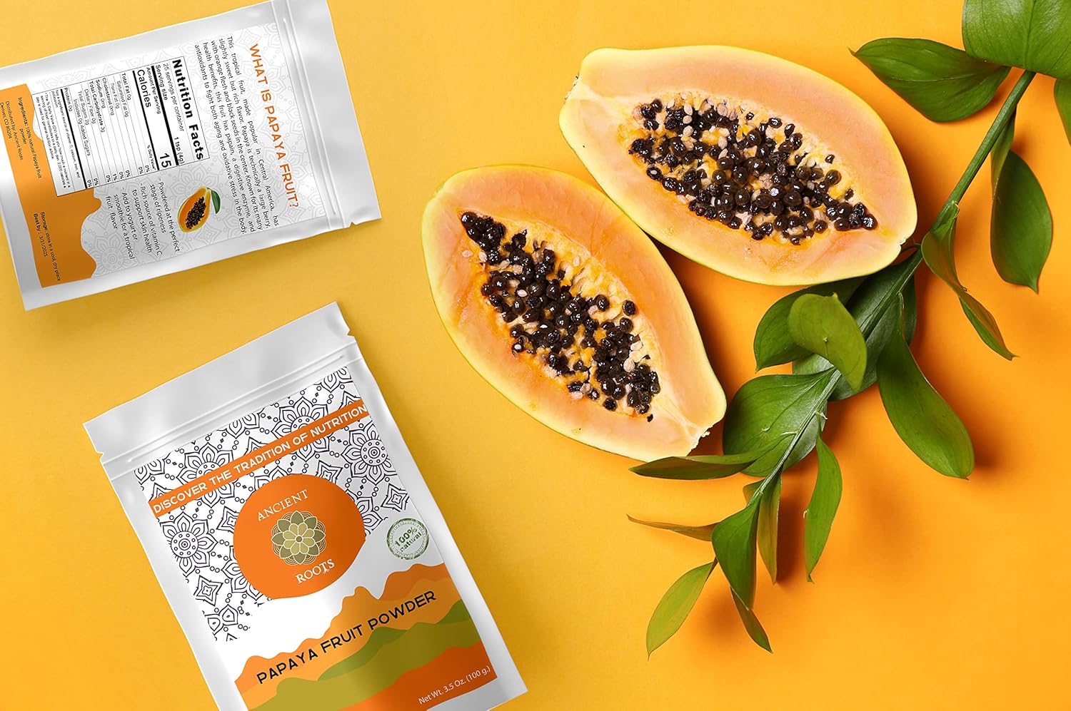 Ancient Roots Papaya Fruit Powder - Natural Food Coloring, No Added Sugar, Filled with Antioxidants, Digestion Support, Tropical Fruit Powder for Smoothies - 25 Servings (3.5 ounces)