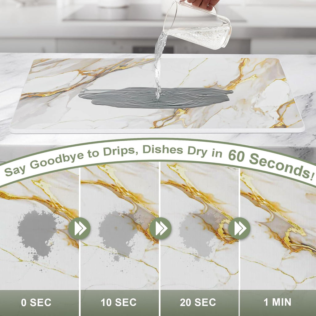 Large Stone Drying Mat for Kitchen Counter, 24" × 16" Diatomite Dish Drying Mat, Quick Dry Stone Mats, Ultra Absorbent Natural Diatomaceous Earth Mats for Dished, Bottles, White Marble