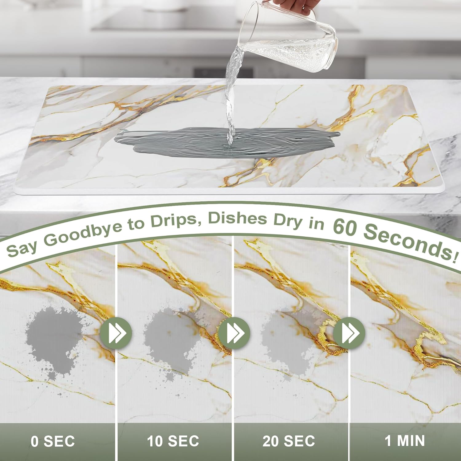 Large Stone Drying Mat for Kitchen Counter, 24" × 16" Diatomite Dish Drying Mat, Quick Dry Stone Mats, Ultra Absorbent Natural Diatomaceous Earth Mats for Dished, Bottles, White Marble