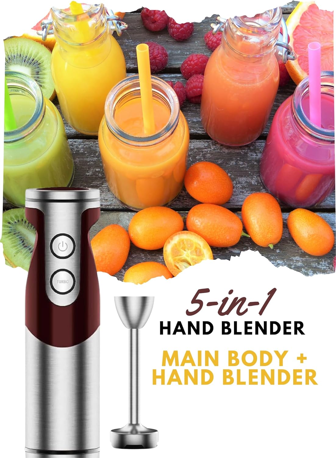MegaWise 5-in-1 Immersion Hand Blender Set with Variable Speed, 400W, Stainless Steel - Includes Chopper, Whisk, Milk Frother, and Beaker - Ideal for Soups, Smoothies, Baby Food & More (RED)