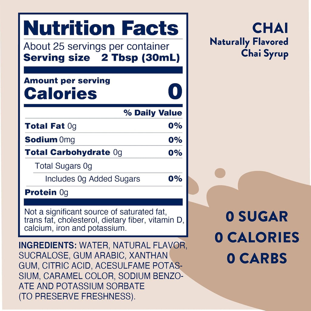Jordan's Sugar Free Chai Syrup - 25.4oz, Gluten Free, Keto, For Coffee, Latte, Shakes