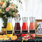 Glass Carafe with Acrylic Lid,35 Oz Beverage Dispensers Carafe,Mimosa Bar Supplies,Clear Glass Pitcher with Name Labels for Iced Tea,Coffee,Juice(Set of 4)