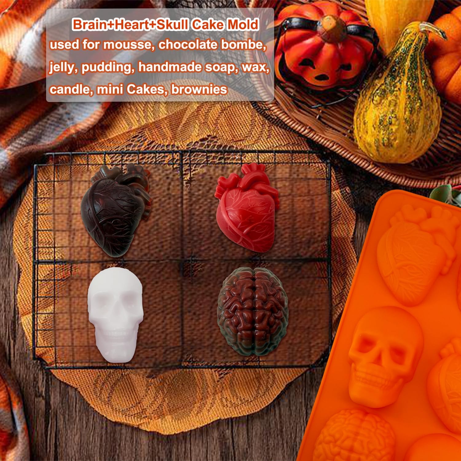 2 Pack Brain Heart Skull Cake Mold, 3D Human Organ Brain Jello Mold Halloween Silicone Molds Heart Skull Brain Chocolate Mold for Halloween Baking Mini Cakes Soap Candle Muffin Pudding Dessert