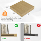 Square Floating Shelves for Wall, 12" W x 12" D x 1.2" H, Small Wooden Wall Mounted Display Shelves with Invisible Brackets for Living Room, Bedroom, Bathroom, Kitchen Decor, Set of 3, Oak
