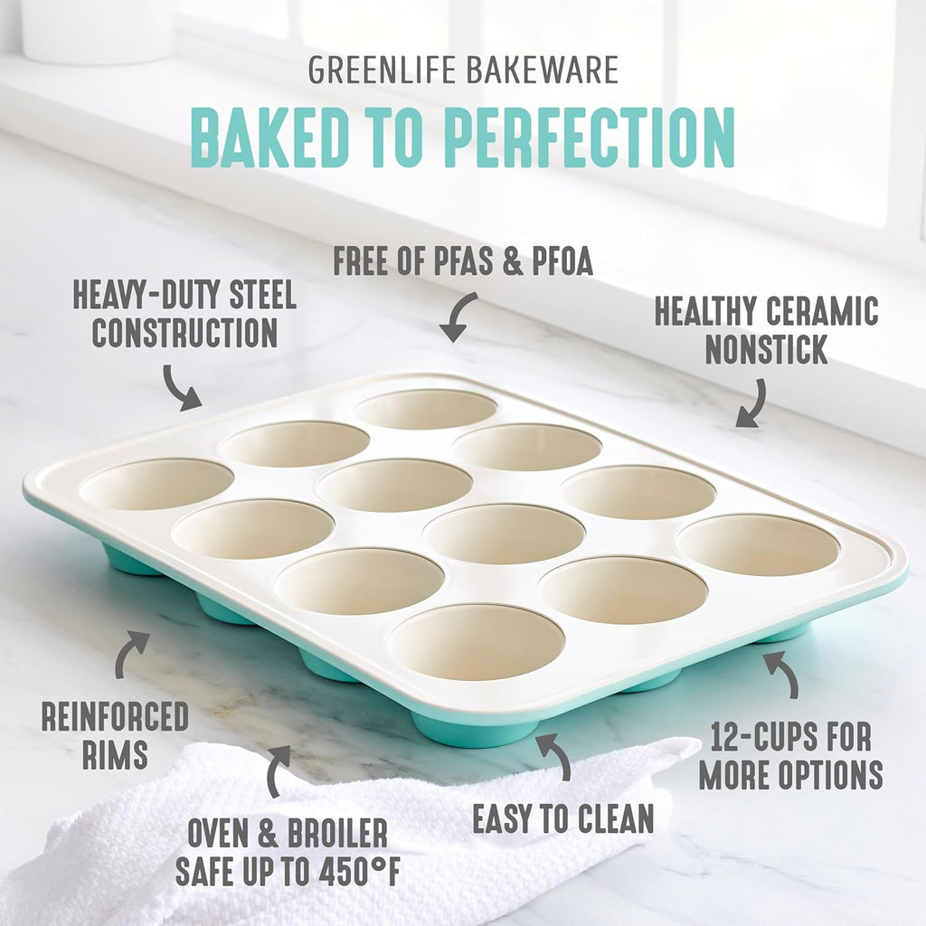 GreenLife 12-Cup Muffin Pan, Healthy Ceramic Nonstick Bakeware, PFOA & PFAS-Free Cupcake Tray, Durable Baking Pan, Versatile Kitchen Essential, Easy Clean Muffin Mold, Nonstick Baking Sheet, Turquoise
