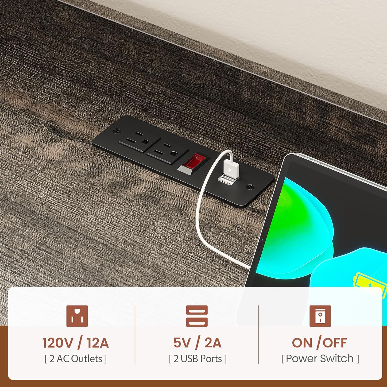 Itaar Coffee Bar Cabinet, Bakers Rack with Power Outlet and Storage, Farmhouse Microwave Stand Kitchen Cabinet with Hutch, LED Lights, Wine Glass Holder and 8 Hooks (Grey)