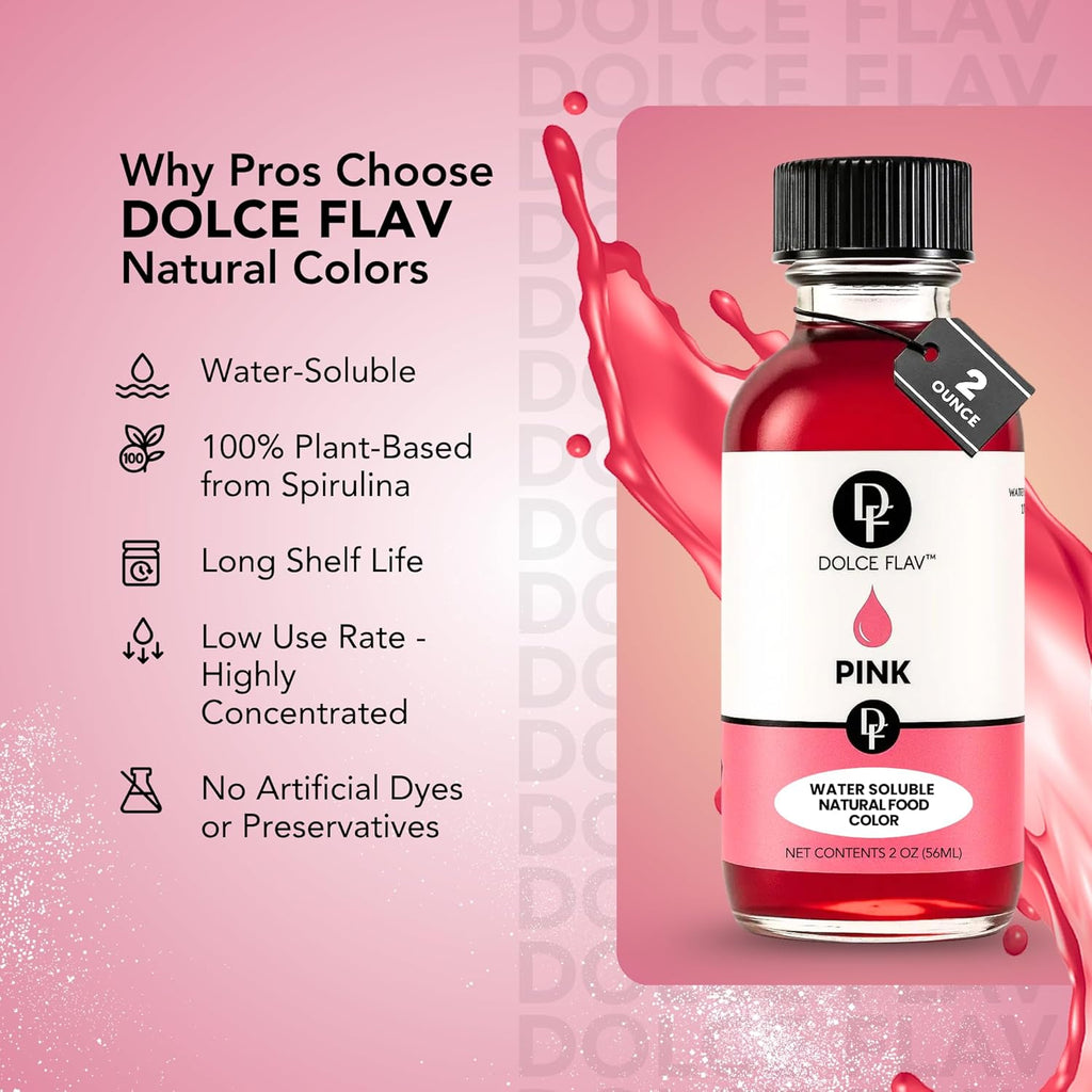Dolce Flav Natural Pink Food Coloring – 2 oz Plant-Based Color from Beetroot with Graduated Dropper | Water-Soluble Liquid Dye for Baking, Frostings & Drinks | Kosher | Made in USA