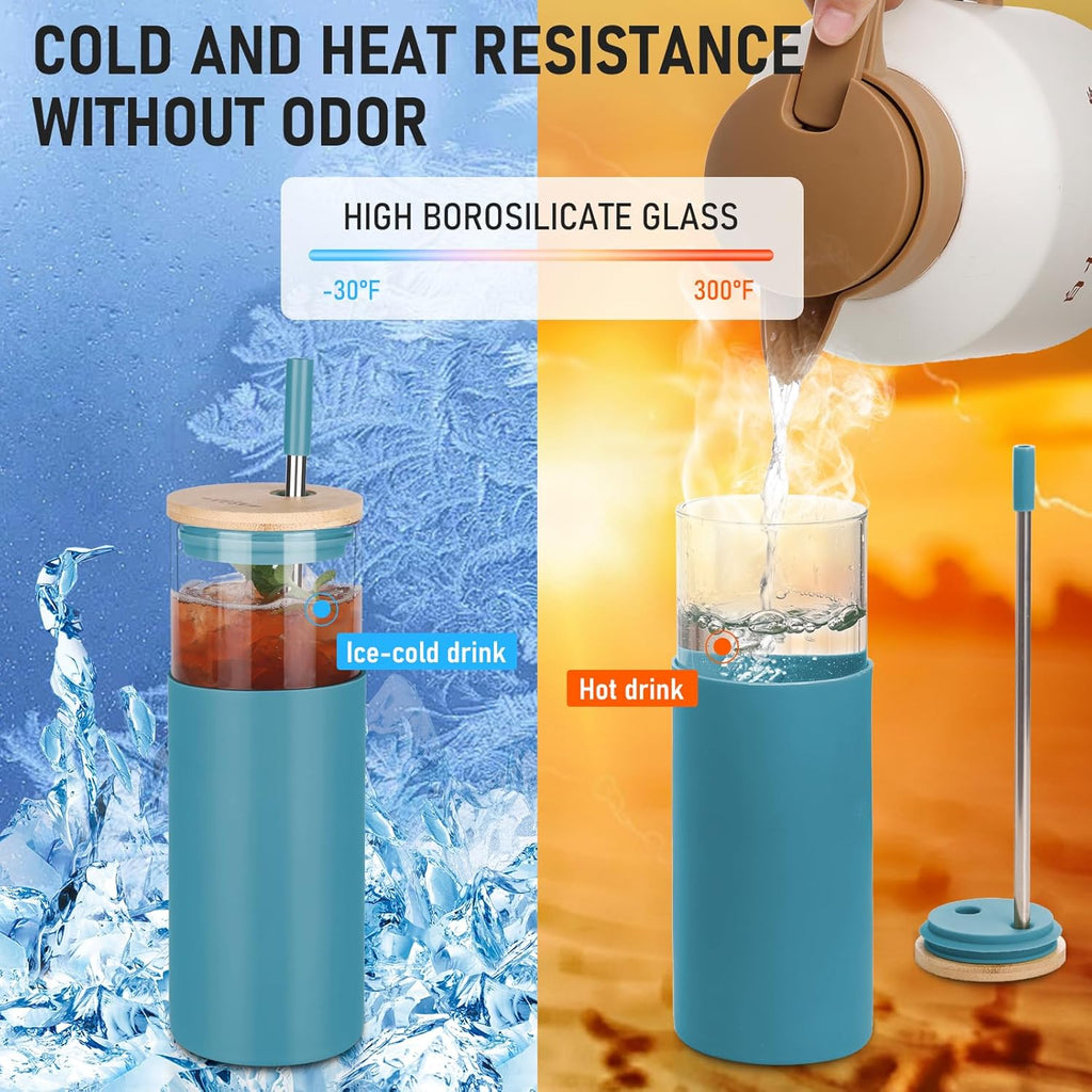 1Pack Glass Tumbler w/Lid & Straw - 24oz Reusable Glass Mug/Bamboo Lid & Stainless Steel Straw-BPA-Free, Leak-Proof, Dishwash Safe for Coffee, Smoothies, Hot Beverages, Travel, Office, Home Use