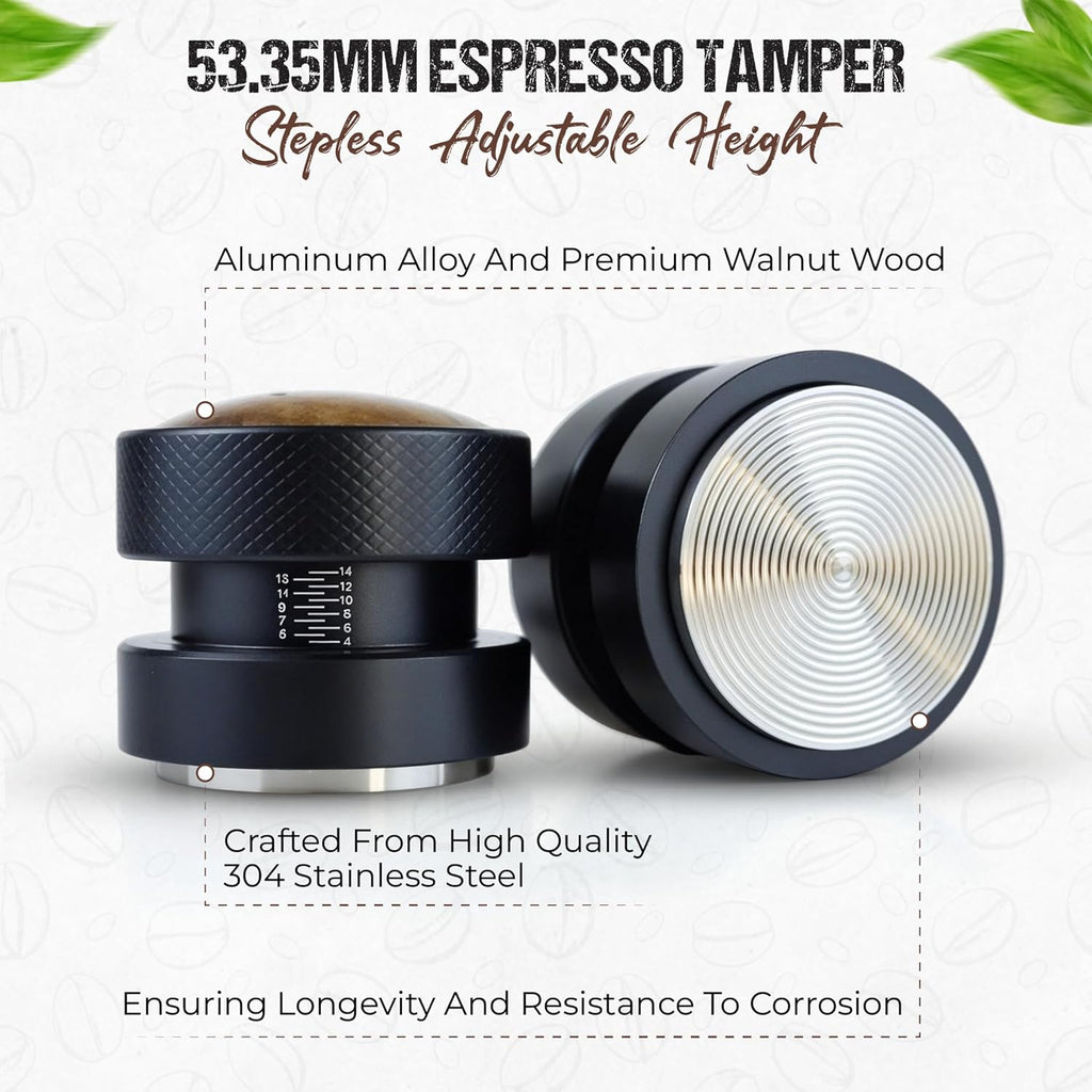 53mm Espresso Tamper, Tamping Tool, Aluminum Alloy, Stainless Steel with Premium Walnut Wood Cap Gravitational Force, Adjustable Height for 54mm Portafilters, Espresso Coffee Accessories