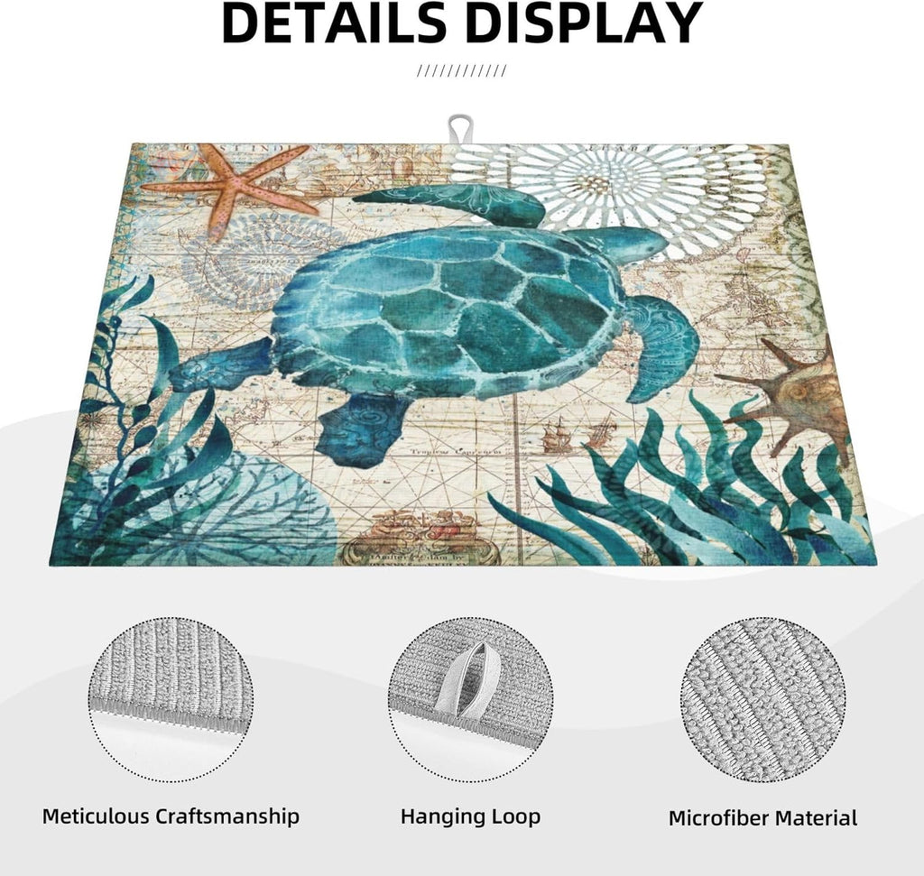 Ocean Sea Turtle Dish Drying Mat for Kitchen Counter 18x24 in, Retro Map Microfiber Drying Mats Absorbent Reversible Dish Pad Large Dish Draining Mat Fast Dry Kitchen Accessories