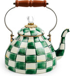 MACKENZIE-CHILDS Enamel Tea Kettle, Stylish Tea Kettle for Stovetop, Green-and-White Emerald Check, 3 Quarts