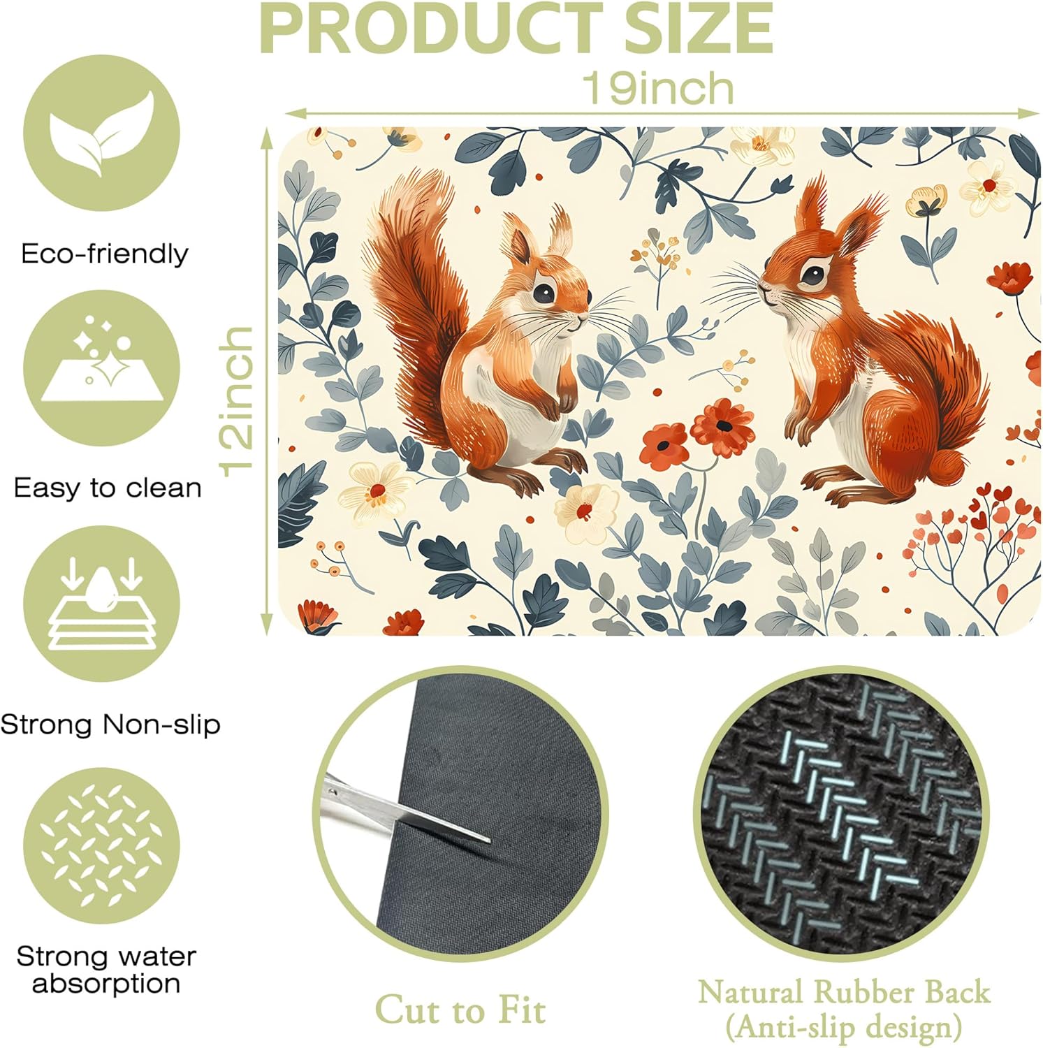 Dish Drying Mat Squirrel in the Flowers Kitchen Mat 12"x19" Bsorbent Coffee Maker Mat for Dishes,Utensils Coffee Maker Pots and Pans Easy Clean Dish Slip Resistant Pad