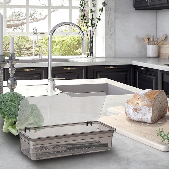 Remerry 3 Pcs Flatware Tray with Lid and Drainer, Plastic Utensil Organizer, Kitchen Cutlery Transparent Storage Box with Lid and Drain Rack, Drawer Tableware Storage Box for Home and Travel (Grey)