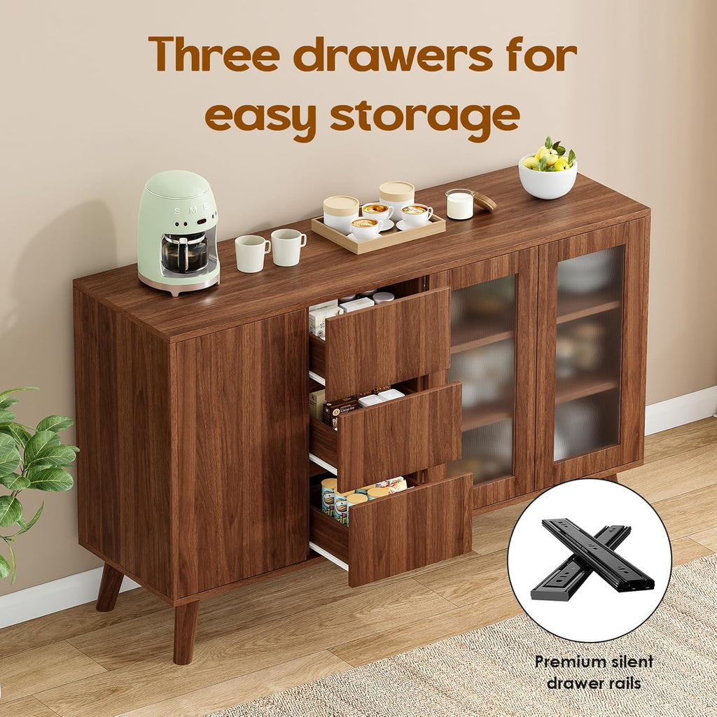 Soohow Farmhouse Buffet Cabinet, 55.5" Coffee Bar with 3 Drawers and Pop-Up Doors, Large Rustic Sideboard for Dining Room, Kitchen, Hallway, and Living Room