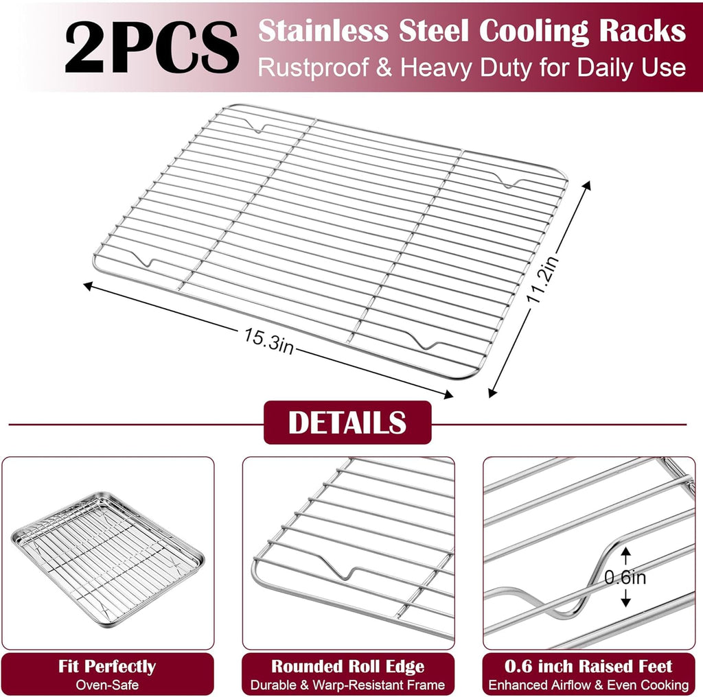 E-far Baking Sheet with Wire Rack (2 Pans + 2 Racks), Stainless Steel Cookie Sheets Pan & Cooling Rack for Baking Cookies/Jelly Rolls, Non Toxic & Heavy Duty, Oven & Dishwasher Safe, 16 x 12 x 1 Inch