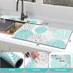 Findosom 2PCS 17" x 32" Dish Drying Mat & 24" x 5.5" Sink Splash Guard, Super Absorbent & Cuttable Dish Mat Drying Kitchen Mat with Teal Floral, Hide Stain Drying Mat for Kitchen Counter