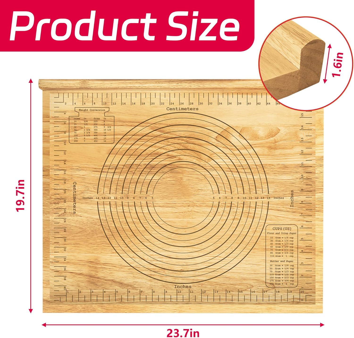 Montex Pastry Board with Measurement 24'' x 20", Wooden Kneading Board, Pastry Board for Rolling Dough, Pastry Baking Board with Counter Lip