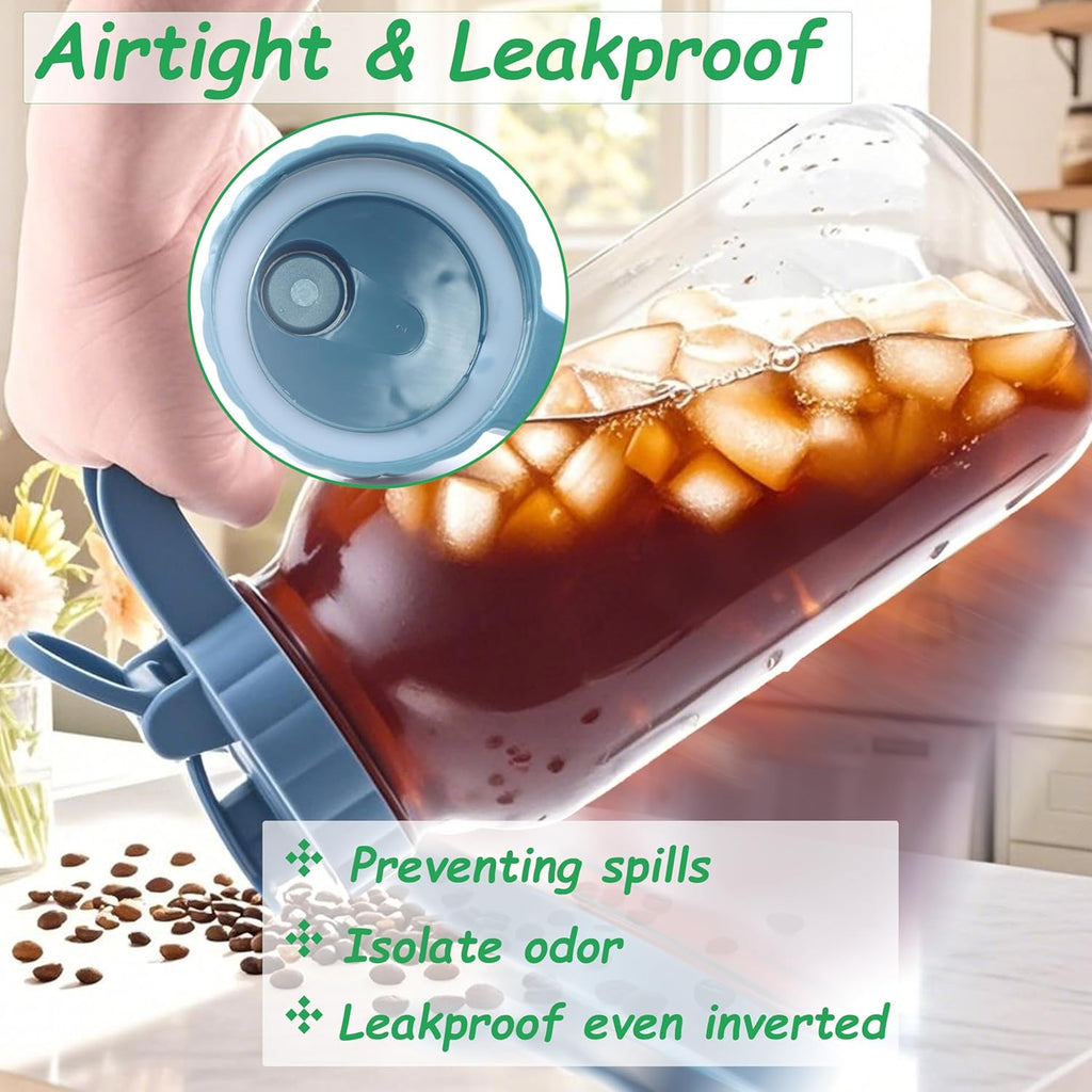 Mason Jar Pitcher With Stainless Steel Filter 64 OZ 2 Pack Wide Mouth Cold Brew Coffee Maker 2 Quart Glass water pitcher with lid Half Gallon Cold hot Tea maker For Lemonade Milk Juice Refrigerator