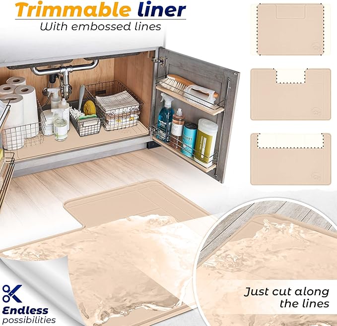 The Original Under Sink Mat - Silicone Waterproof mat, Adjustable, Easy to Clean, Kitchen cabinet liner, Disinfection Surface - 34" x 22" or smaller (Beige, 31" x 22")
