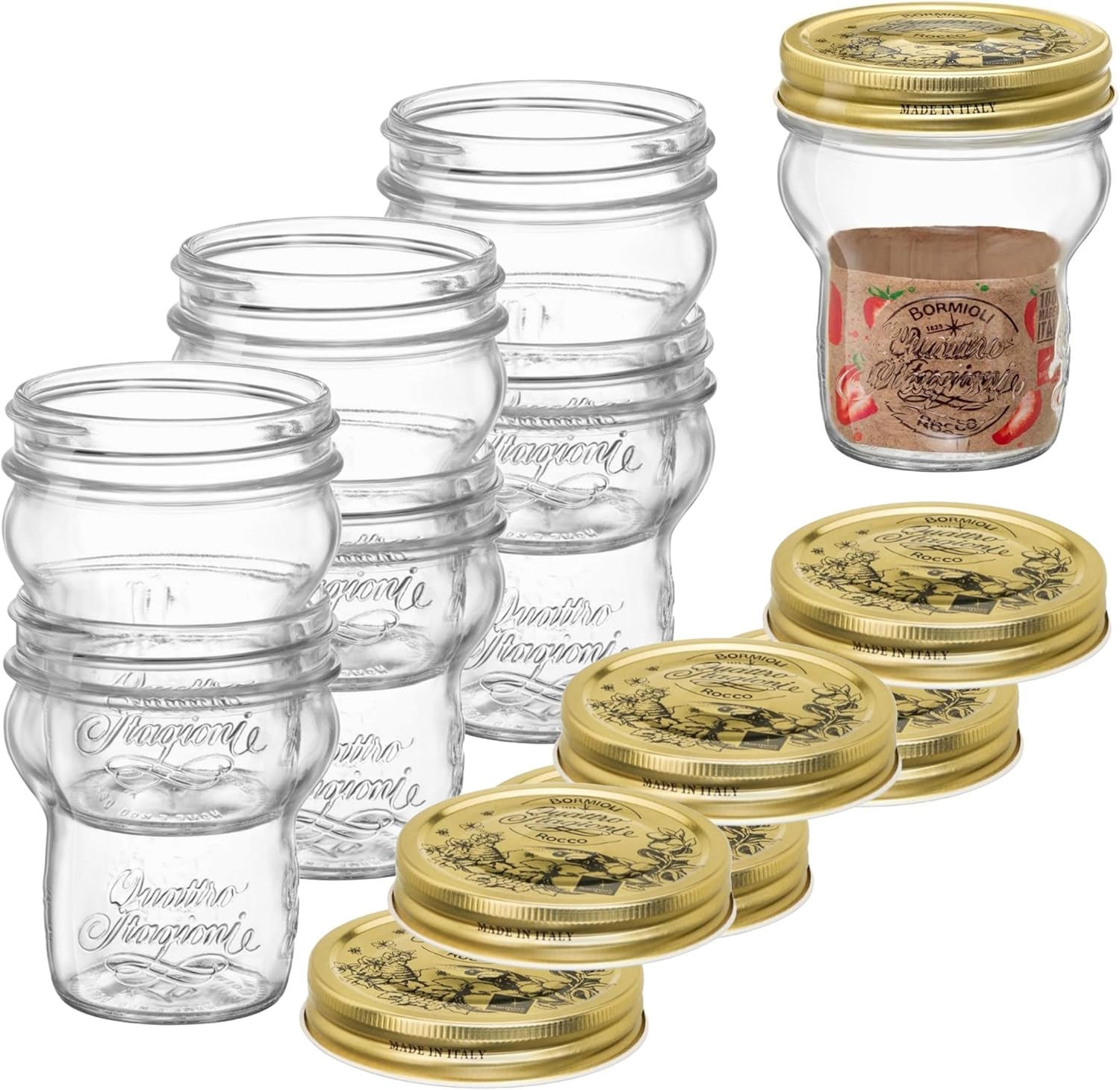 Bormioli Rocco Quattro Stagioni Glass Jars (Set of 6) - 9.25 Oz Stackable Storage Jars with Wide Mouth & Aluminum Lids - Glass Containers for Preserving, Serving, Organizing - Made in Italy
