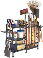 GIOTORENT 6 Tier Garden Tool Organizer, Garage Storage and Organization, Metal Yard Tools Storage Rack, Heavy Duty Garden Tool Organizer for Garage, Yard, Patio, Shed, Indoors and Outdoors, Black