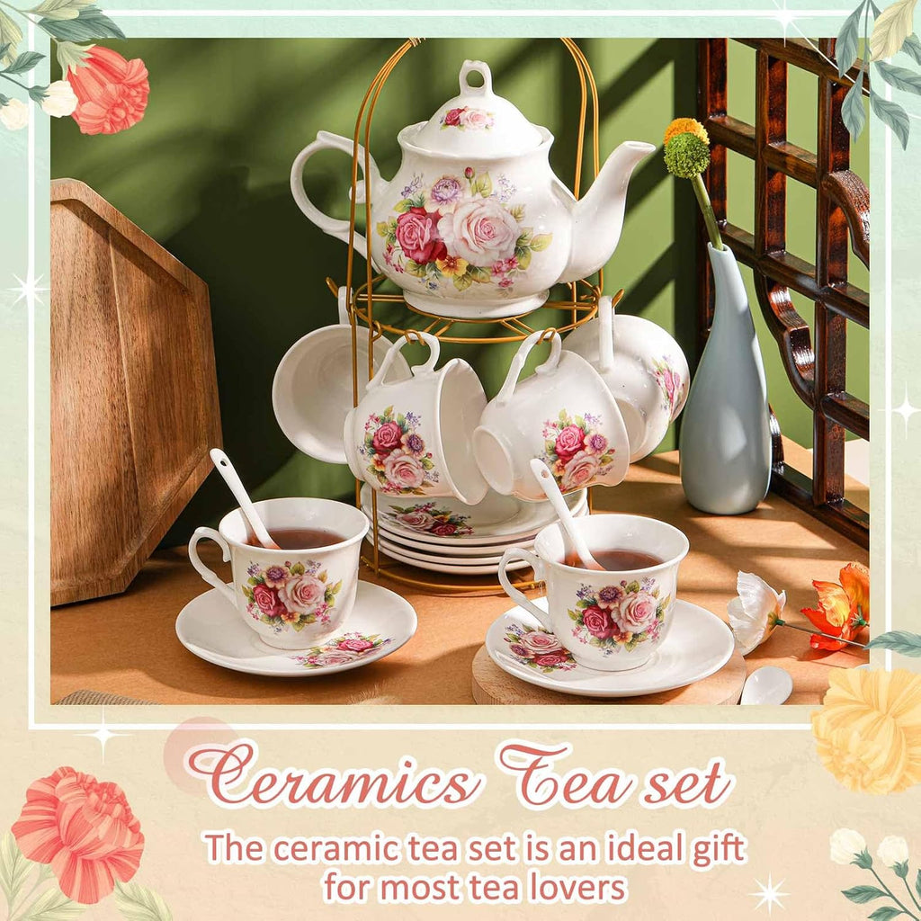 Zhehao 20 Pcs Porcelain Tea Set with Metal Holder and Spoon Adult Ceramic Tea Party Set European Flower Painting Teapot Cup Saucer Spoon for Women, Large Version(Modern Style)