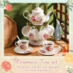 Zhehao 20 Pcs Porcelain Tea Set with Metal Holder and Spoon Adult Ceramic Tea Party Set European Flower Painting Teapot Cup Saucer Spoon for Women, Large Version(Modern Style)