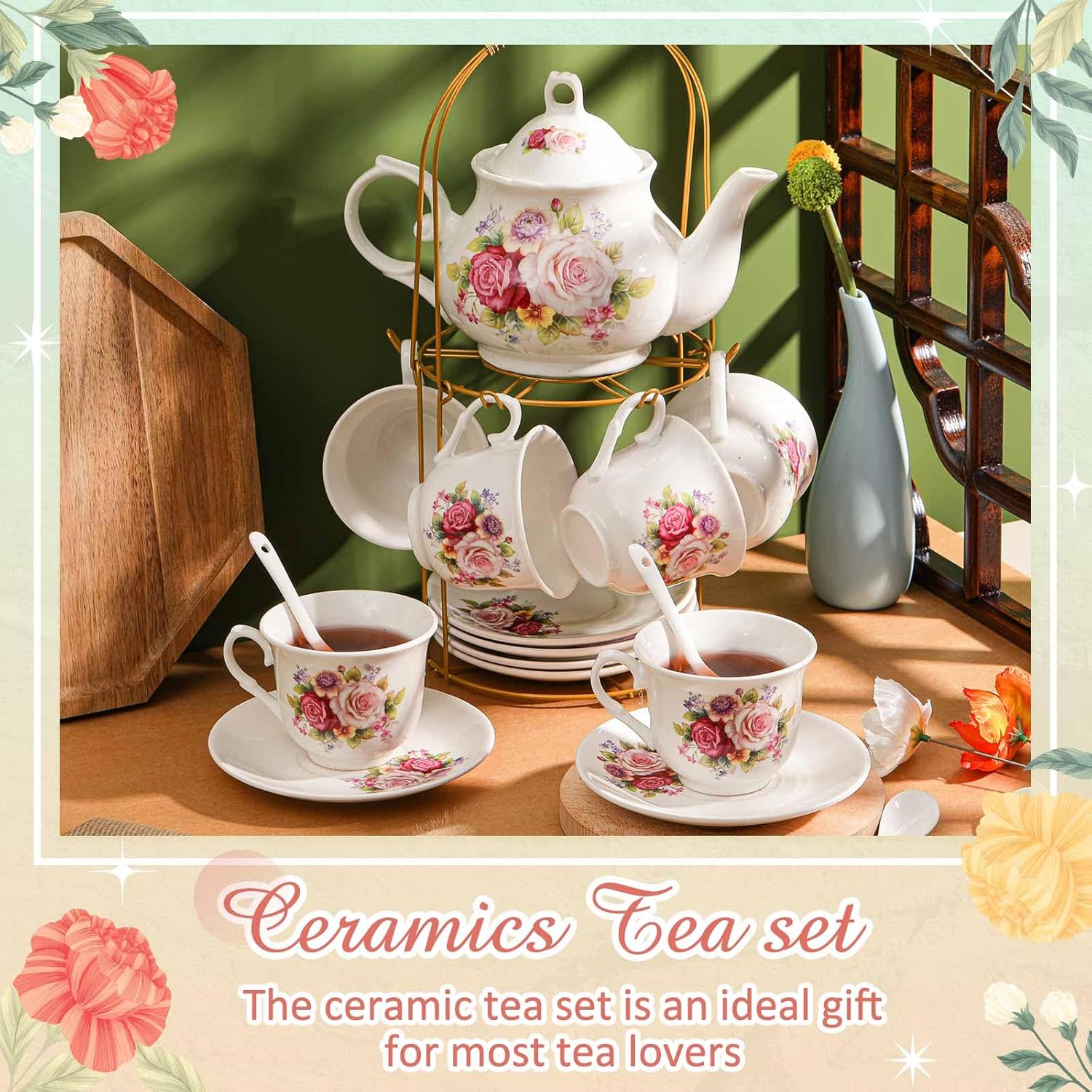 Zhehao 20 Pcs Porcelain Tea Set with Metal Holder and Spoon Adult Ceramic Tea Party Set European Flower Painting Teapot Cup Saucer Spoon for Women, Large Version(Modern Style)