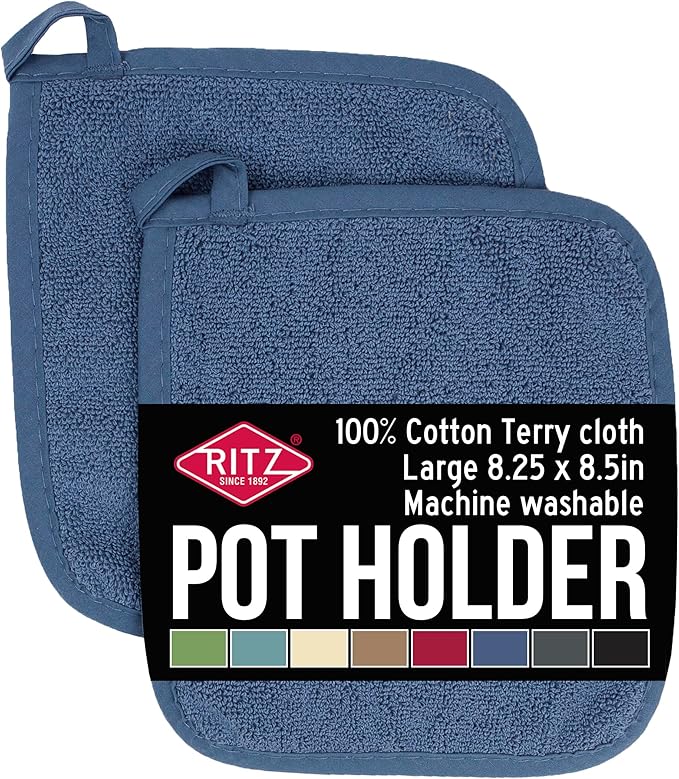 RITZ Terry Potholder & Hot Pad: Unparalleled Heat Resistant, Durable 100% Cotton – Ergonomically Designed for Optimal Grip – Easy-Care Machine Washable – 2-Pack, Federal Blue