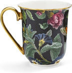 Spode Creatures of Curiosity 12oz Fine China Mug, Black Floral Pattern - Porcelain Tea & Coffee Cup with 22ct Gold Handle and Rim - Elegant Vintage Inspired Drinkware, Boxed for Gifting