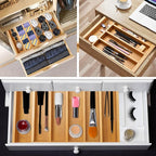 Expandable Large Utensil Drawer Organizer Cutlery Tray Bamboo Kitchen Silverware Organizer Cooking Utensil Tray Holder Adjustable Wooden Flatware Organizer for Drawer Spoon Fork Silverware Tray