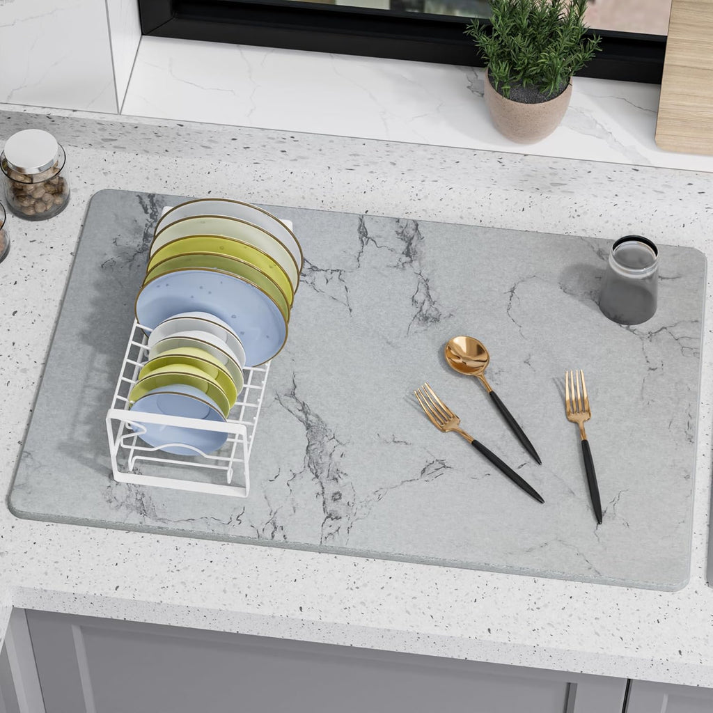 Large Stone Drying Mat for Kitchen Counter, 24" × 16" Diatomite Dish Drying Mat, Quick Dry Stone Mats, Ultra Absorbent Natural Diatomaceous Earth Mats for Dished, Bottles, Grey Marble