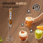 YUSWKO Wood Grain Handheld Milk Frother Wand with Stand for Coffee, Rechargeable Electric Whisk with 3 Heads 3 Speeds Drink Mixer Coffee Frother For Latte, Cappuccino, Hot Chocolate, Egg
