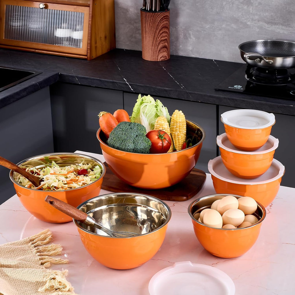 Orange Mixing Bowls With Airtight Lids,Stainless Steel Bowl,Salad Bowls 7 Piece Colorful Nesting Bowl Orange Kitchen Accessories,Size 7,3.6,2.7,2.1,1.5,1.1,0.8QT Stackable Design