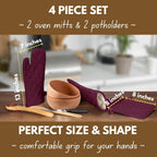 Native Fab 4 Piece Set - 2 Oven Mitts & 2 Potholders, Heat Resistant, 100% Cotton, Quilted Design, Non-Slip Grip, Machine Washable, Ideal for Baking, Cooking, BBQ, Kitchen Protection - Burgundy Wine