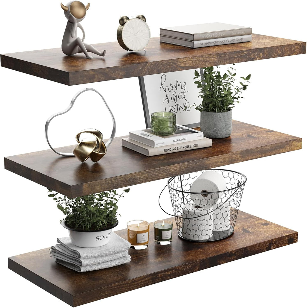Wall Shelf Set of 3, Rustic Brown Floating Shelves 24 in W x 10 in D x 1 in H, Wooden Floating Wall Shelf with Invisible Brackets for Living Room/Bedroom/Bathroom/Kitchen Storage and Decor