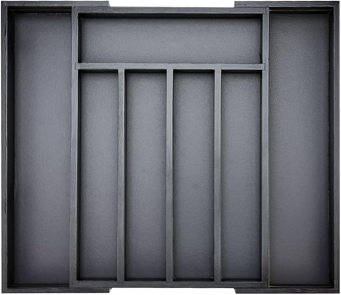 Expandable Bamboo Kitchen Drawer Organizer Utensil Tray Black Wood Silverware Organizer Adjustable Wooden Cutlery Tray for Fork Spoon Organizer Large Cooking Utensil Holder Drawer Flatware Organizer