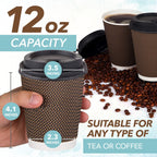 Promora Brown Disposable Coffee Cups With Lids 12 oz, Premium Insulated Paper Ripple Cups for Hot Coffee, Paper Cups 12 oz Coffee Cups 12 oz, Paper Coffee Cup with Lids (80 Pack)