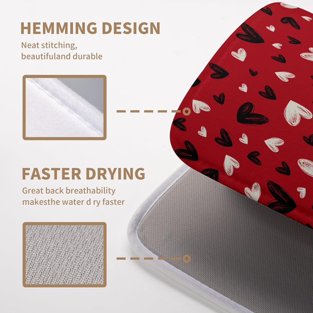 Valentines Day Dish Drying Mat Red Black Love Heart Valentine Kitchen Dish Drying Pad Absorbent Dish Dryer Mat for Kitchen Countertops Microfiber Dishes Drainer Pad Dish Drying Rack Mat (18x24 in)