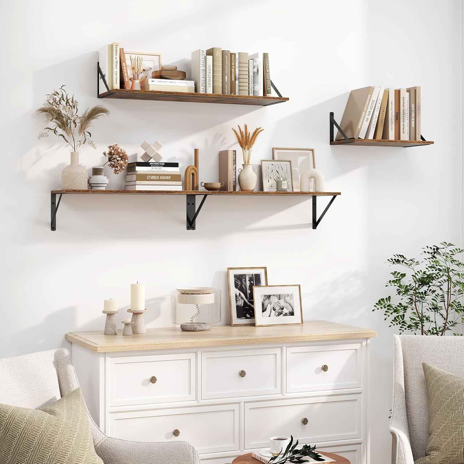 Heimlove Deep Floating Shelves for Wall, 40W x 8D Wood Wall Shelves Set of 2, Wide Floating Bookshelf for Living Room, Kitchen, Office, Bedroom and Decor Storage, with Metal Bracket - Rustic Brown