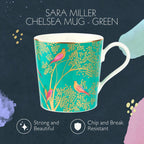 Portmeirion Sara Miller Chelsea 12oz Tea Cup, Emerald Green - Fine China Coffee Mug with Hummingbird Motif - Elegant Tea Party Cup for Afternoon Tea Moments - Great Gift for Her/Mother