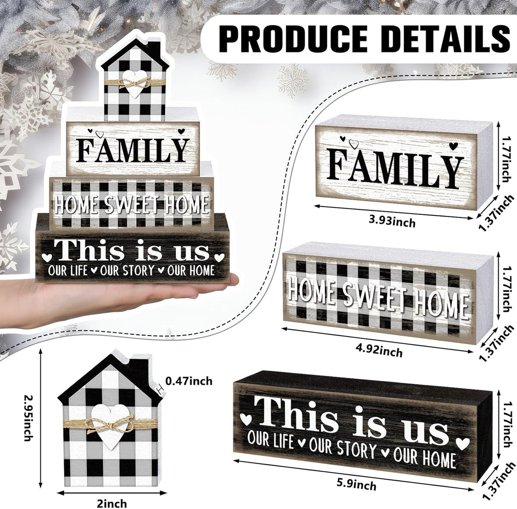 Farmhouse Wooden Tabletop Decor Rustic Home Sweet Home Table Centerpieces This Is Us Block Sign Black and White Buffalo Plaid Table Decor for Kitchen Shelf Desk Mantel Tiered Tray Decoration