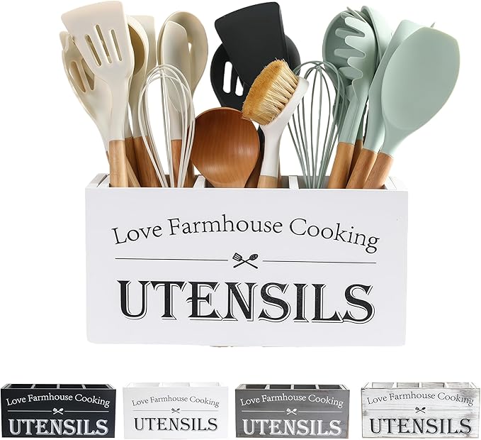 Kitchen Utensil Holder,Farmhouse Wooden Utensil Holder For Kitchen Counter,Large Cooking Spatula Organizer,Big Storage With 3 Compartments Flatware Spoon Tool Cutlery(White)