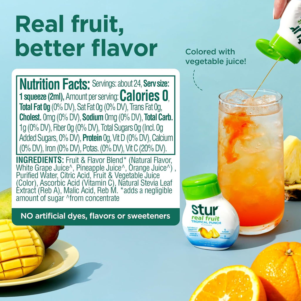Stur Liquid Water Enhancer | Tropical Punch | Naturally Sweetened | High in Vitamin C & Antioxidants | Sugar Free | Zero Calories | Keto | Vegan | 5 Bottles, Makes 120 Drinks